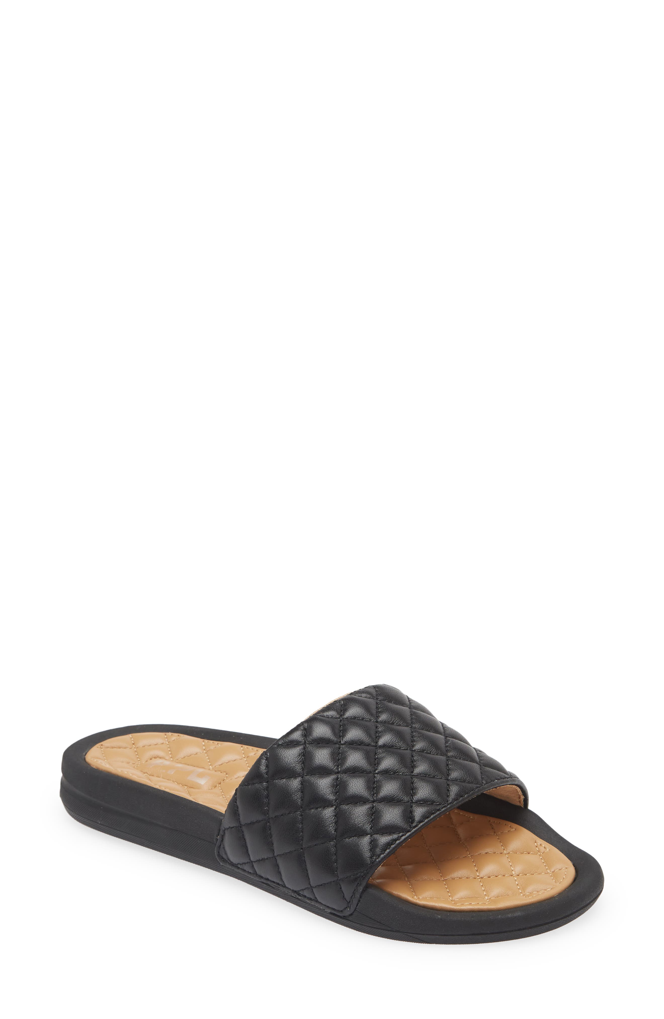 Lusso Quilted Slide Sandal, Main, color, BLACK / TAN