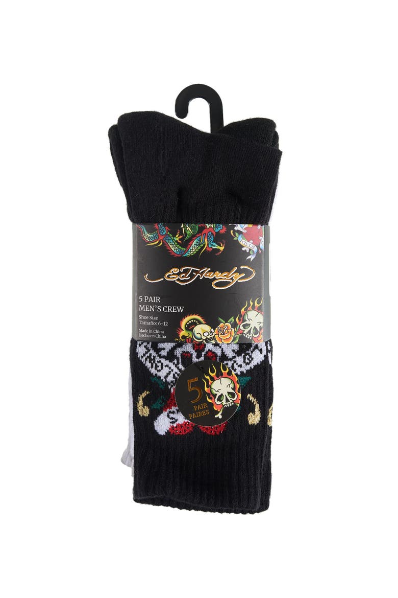 Tattoo Inspired Print Half Cushion Crew Sock 5-Pack, Alternate, color, Black White