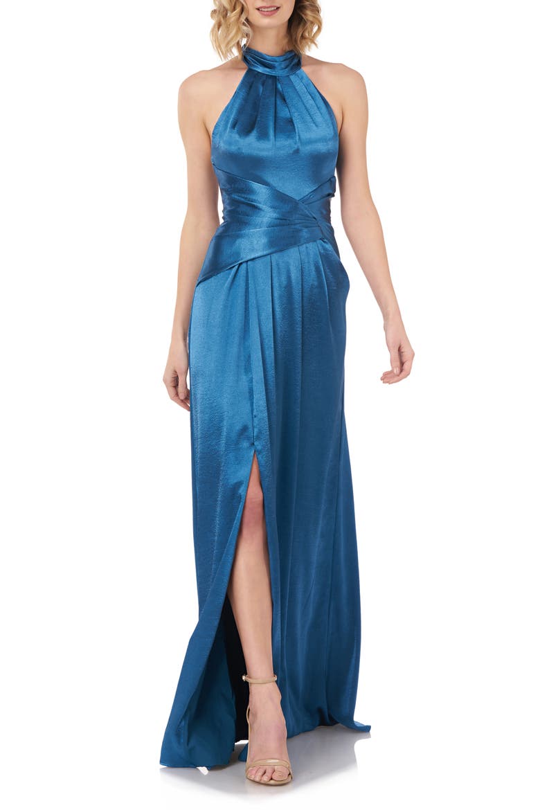 Simone Halter Satin Gown, Main, color, TEAL
