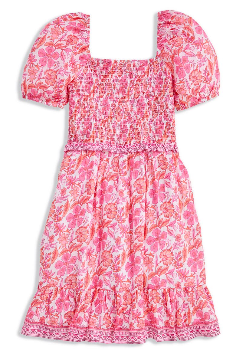 Kids' Smocked Bodice Puff Sleeve Cotton Blend Sundress, Alternate, color, ASHLEIGH FLORAL