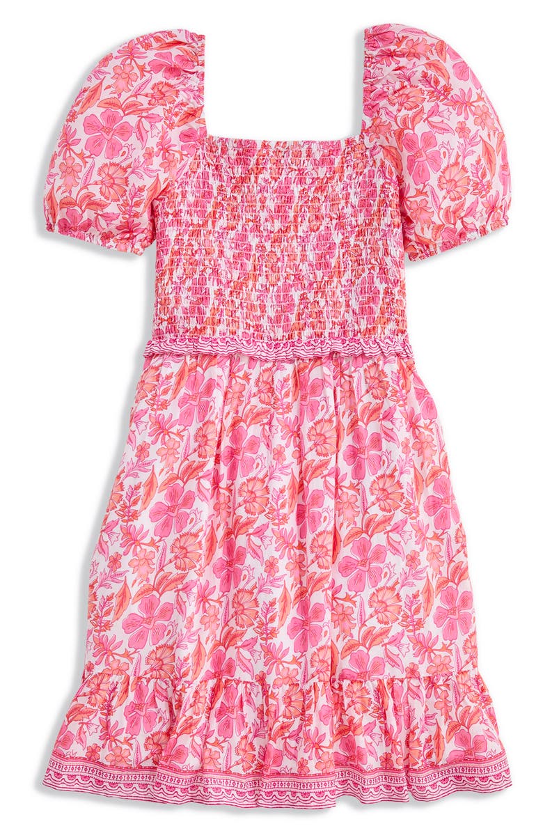 vineyard vines Kids' Smocked Bodice Puff Sleeve Cotton Blend Sundress, Alternate, color, Ashleigh Floral