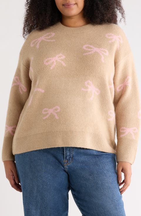 Bow Jacquard Crewneck Sweater (Plus)