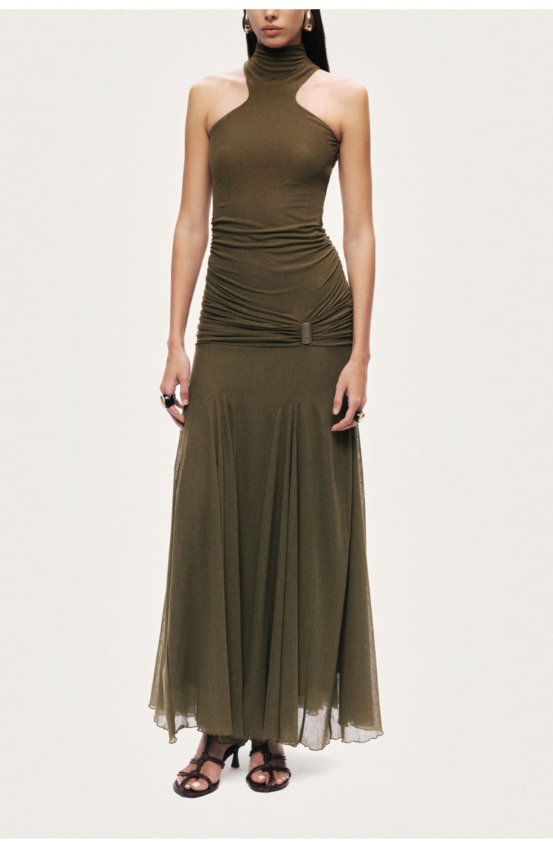 Nocturne Halter Neck Draped Maxi Dress, Main, color, Khaki