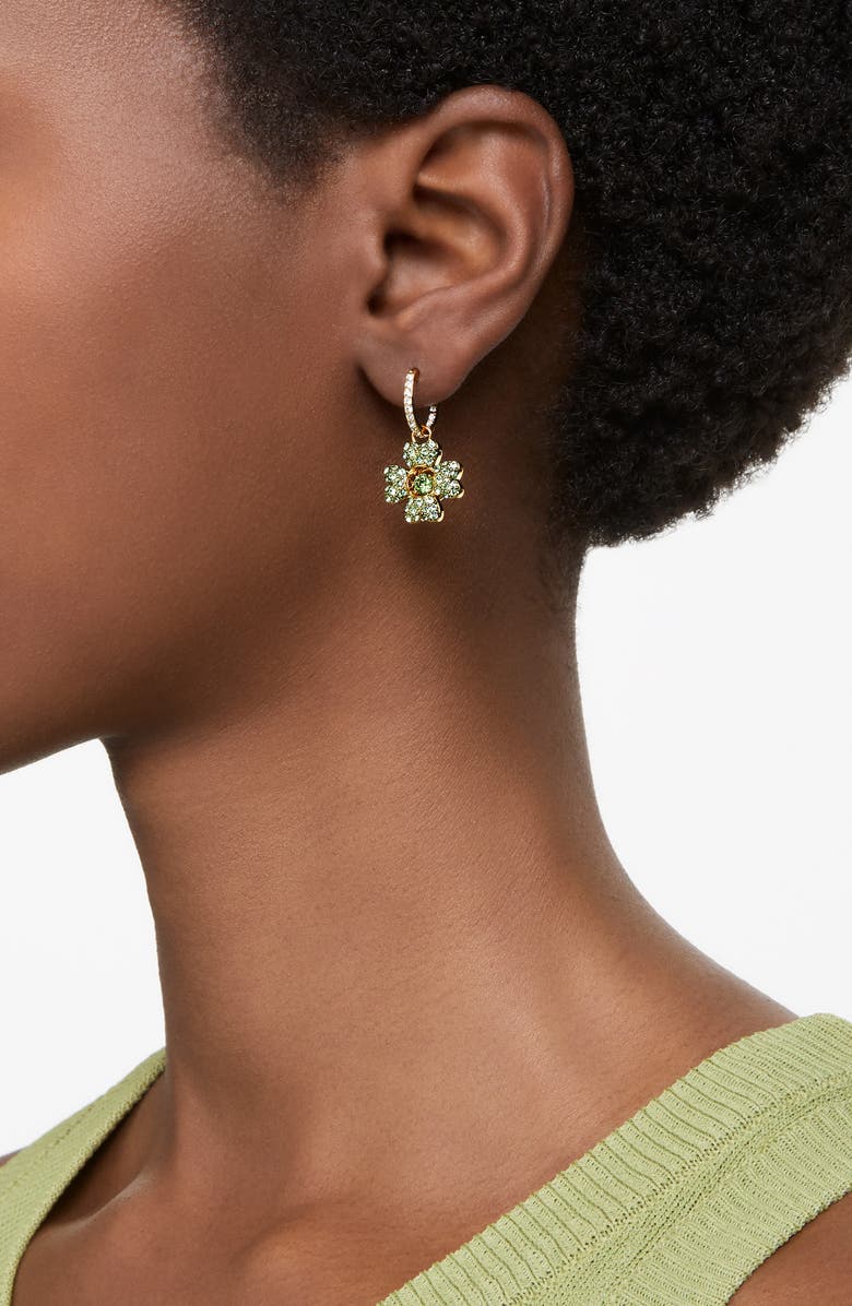 Swarovski Idyllia Crystal Pavé Clover Pendant Huggie Hoop Earrings, Alternate, color, Green