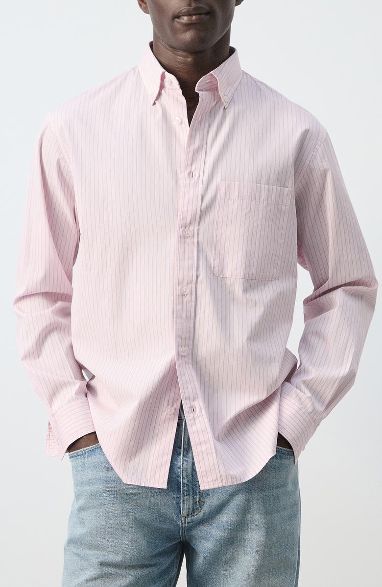 MANGO Relaxed Fit Stripe Cotton Button-Up Shirt, Main, color, Pastel Pink