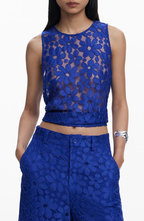 Desigual Floral Embroidered Sheer Top In Klein Blue