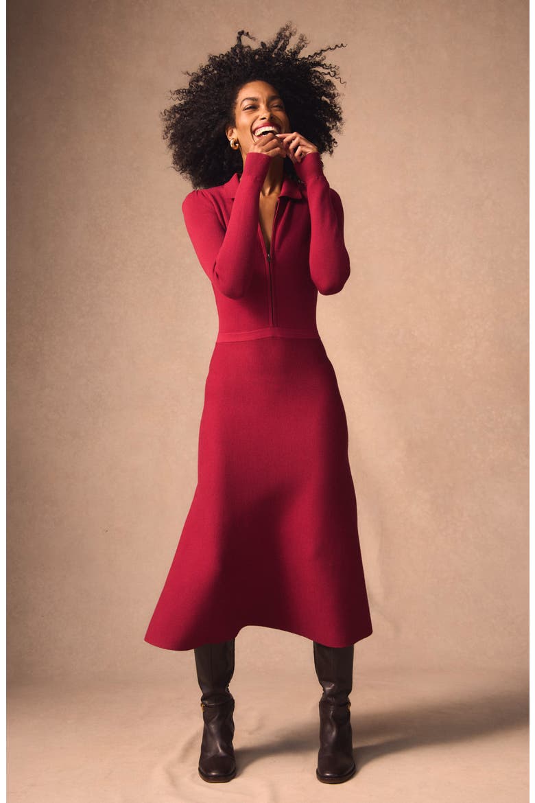 Fiona Zip Front Long Sleeve Knit Dress, Main, color, RUBY RED