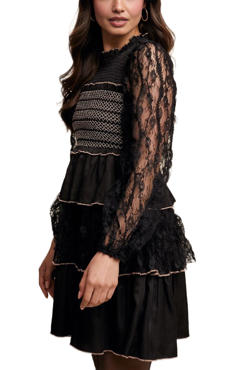 Knit and Lounge Lace Tiered Smocked Chest Bell Mini Dress, Alternate, color, Black