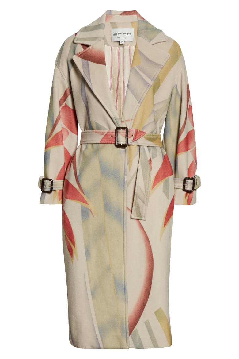 Leaf Print Wool & Cashmere Coat, Alternate, color, WHITE