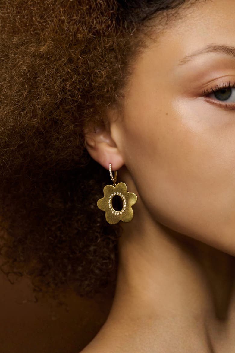 Large Daisy Huggie Earrings, Alternate, color, Yellow Gold