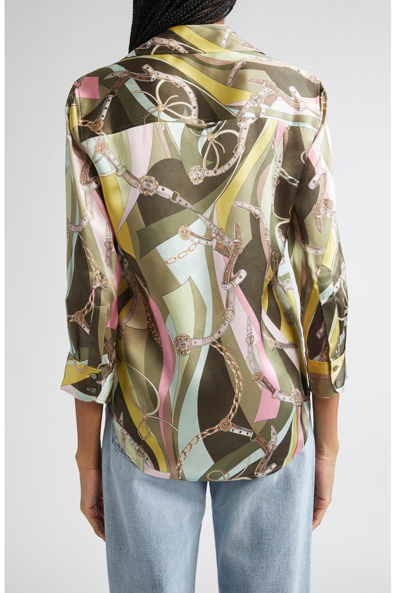 Dani Three Quarter Sleeve Silk Button-Up Shirt, Alternate, color, OLIVE MULTI BELT SWIRL