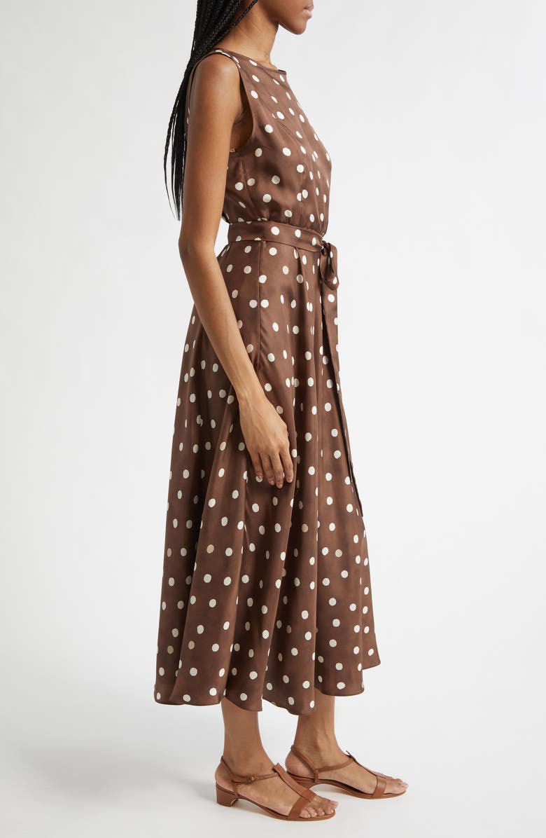 Max Mara Martina Polka Dot Silk Twill Midi Dress, Alternate, color, Brown