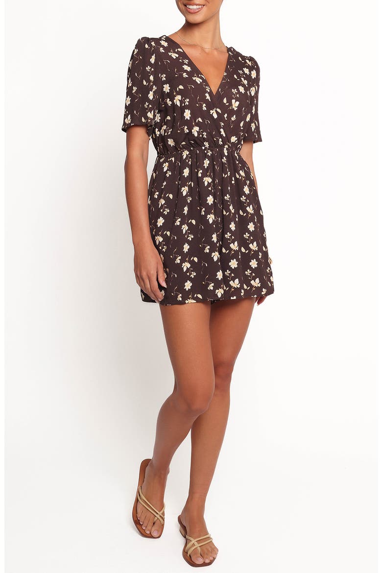 Raschelle Faux Wrap Romper, Main, color, BROWN DITSY