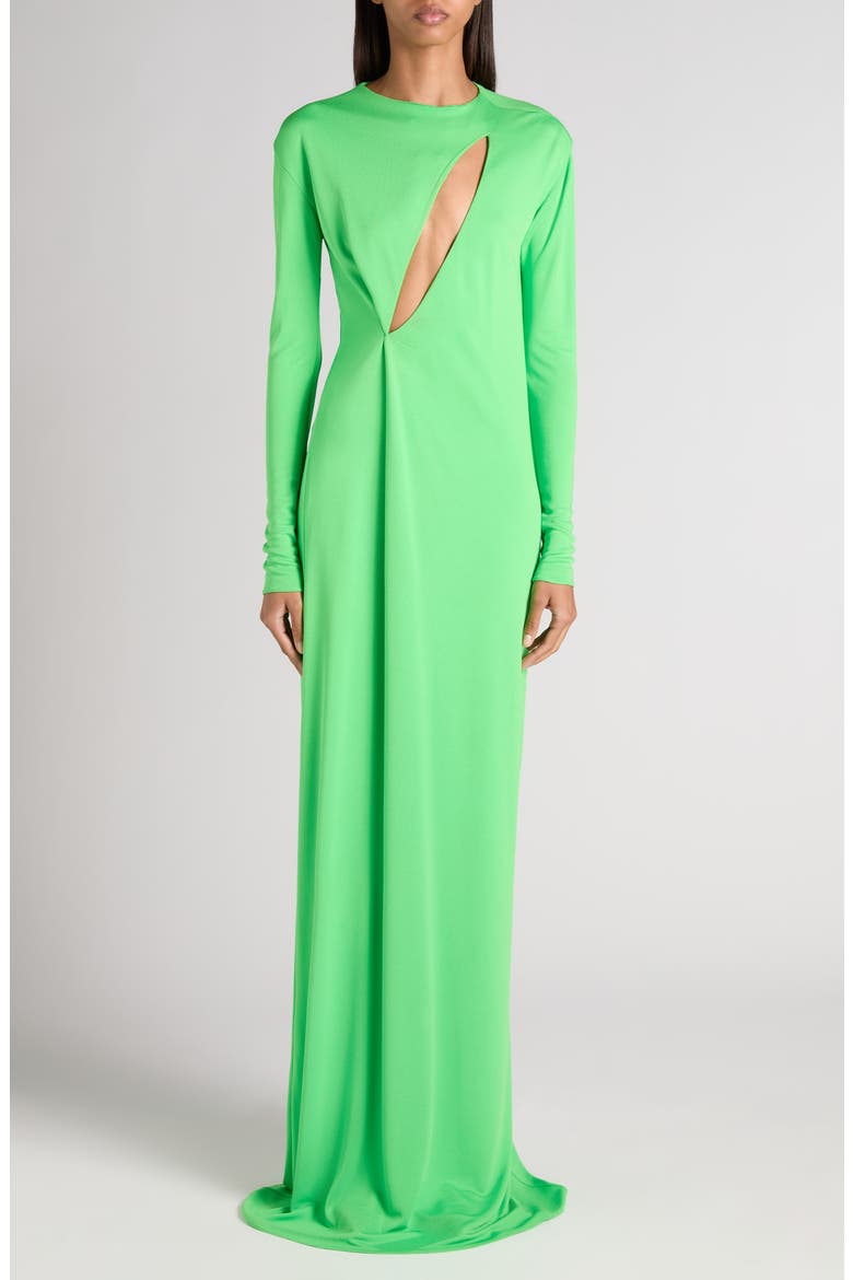 Slash Cutout Long Sleeve Fluid Jersey Gown, Main, color, GREEN CLOVER