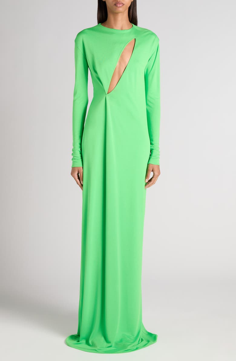 TOM FORD Slash Cutout Long Sleeve Fluid Jersey Gown, Main, color, Green Clover