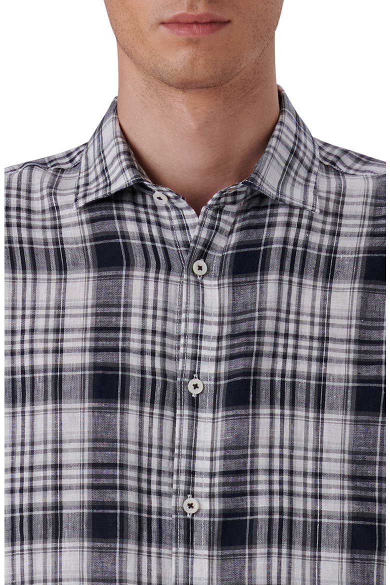 Shaped Fit Plaid Linen Button-Up Shirt, Alternate, color, BLACK