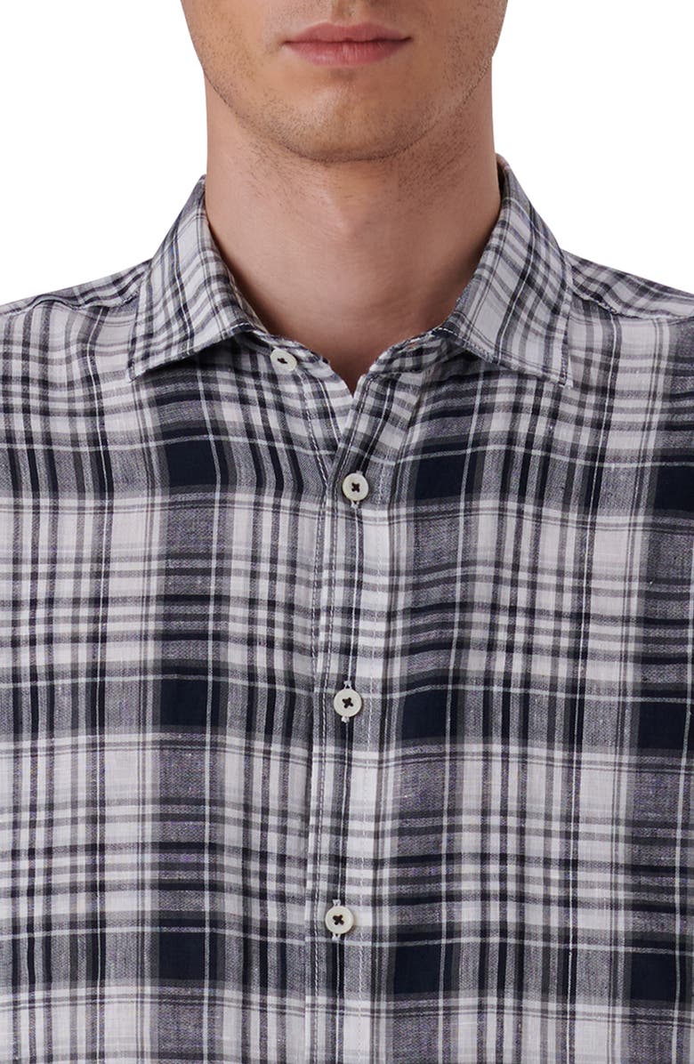 Bugatchi Shaped Fit Plaid Linen Button-Up Shirt, Alternate, color, 