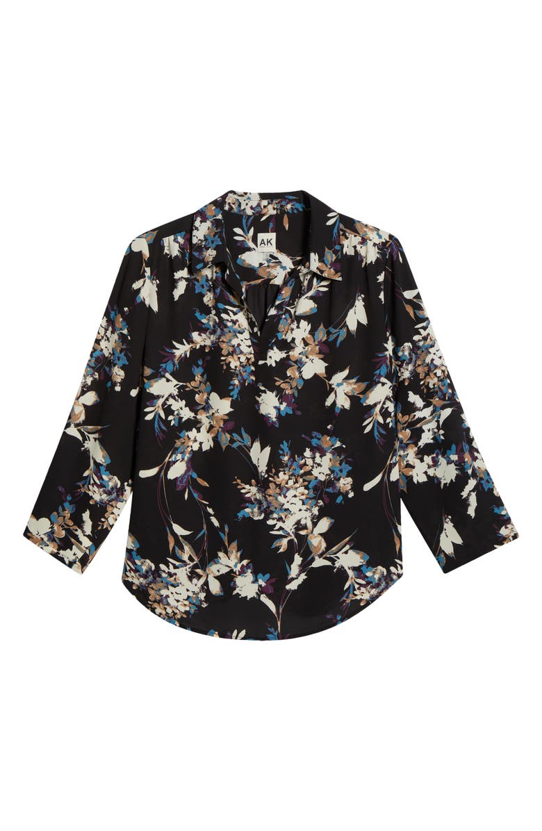 AK ANNE KLEIN Floral Popover Crêpe de Chine Top, Alternate, color, Anne Black Multi