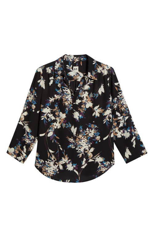 Ak Anne Klein Floral Popover Crêpe De Chine Top In Black