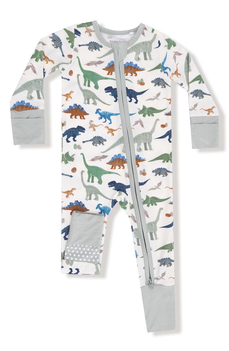 Angel Dear Dinosaur Print Convertible Zip Romper, Main, color, Ivory/ Green