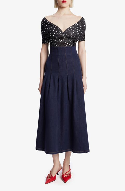 Vespera Polka Dot Off the Shoulder Mesh Bodysuit