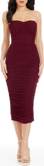 dress the population ferra strapless ruched fitted midi dress Milan Dress – Dress the Population main image 1
