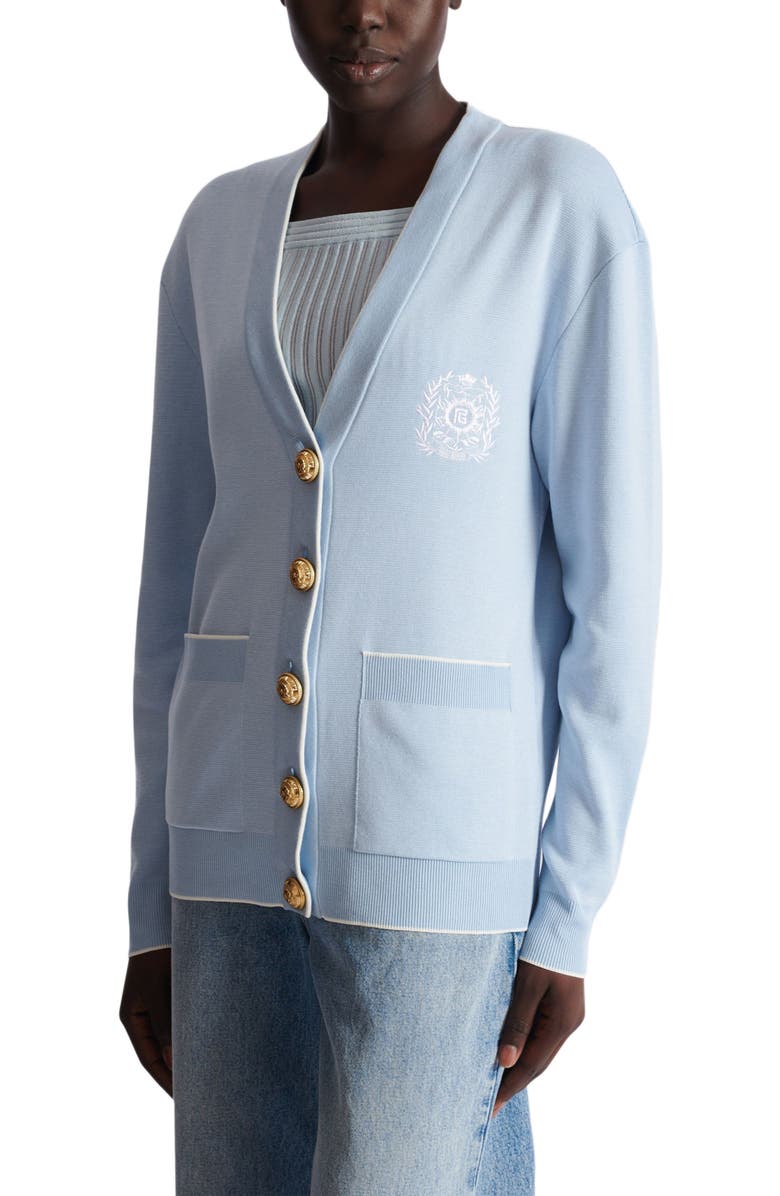Balmain Emblème-Embroidered Knit Cardigan, Alternate, color, Blue