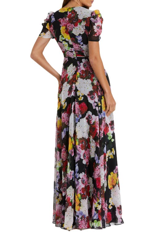Mac Duggal Floral Print Mesh Cap Sleeve Gown In Black Multi