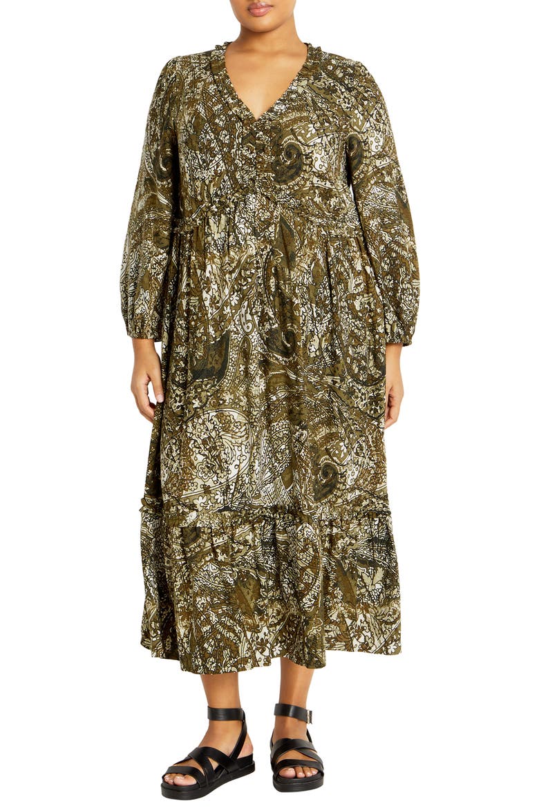 Arya Print Long Sleeve Maxi Dress, Main, color, GREEN PRINT