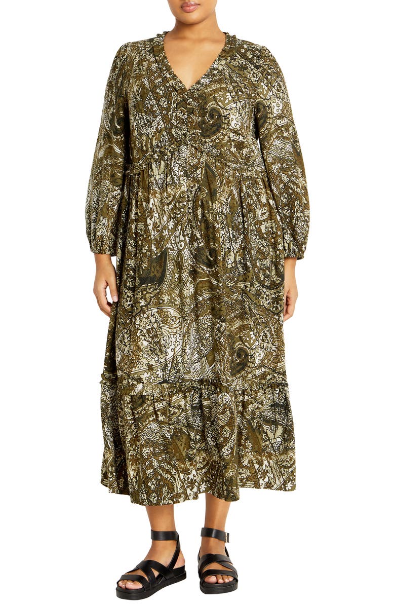 City Chic Gaia Long Sleeve Tiered Maxi Dress, Main, color, Olive Paisley