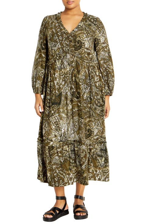 Gaia Long Sleeve Tiered Maxi Dress (Plus)