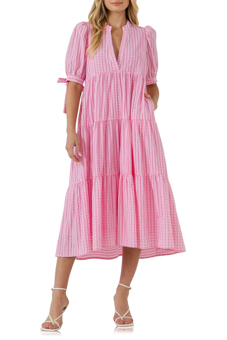 Gingham Tiered Midi Dress, Main, color, PINK