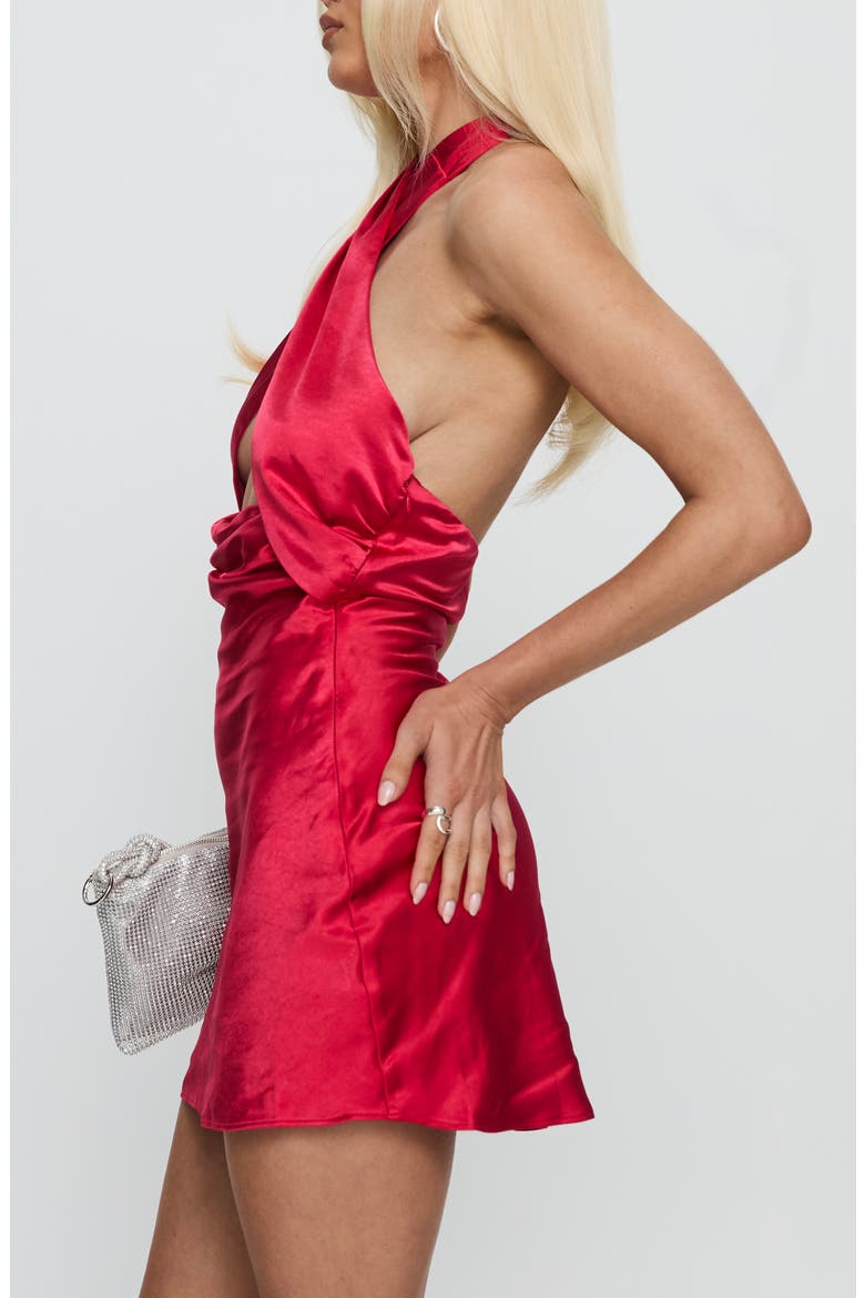 Aliya Cutout Halter Satin Minidress, Alternate, color, RED