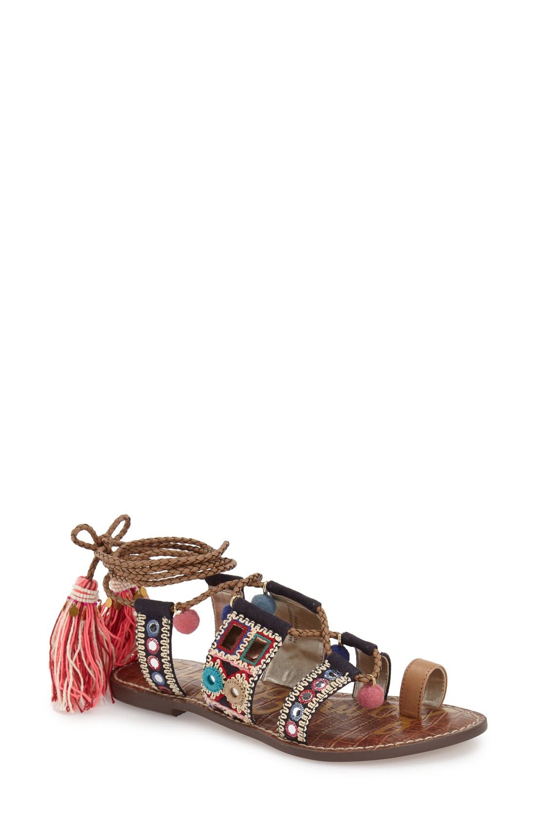 'Gretchen' Embellished Lace-Up Sandal, Main, color, GOLDEN CARAMEL