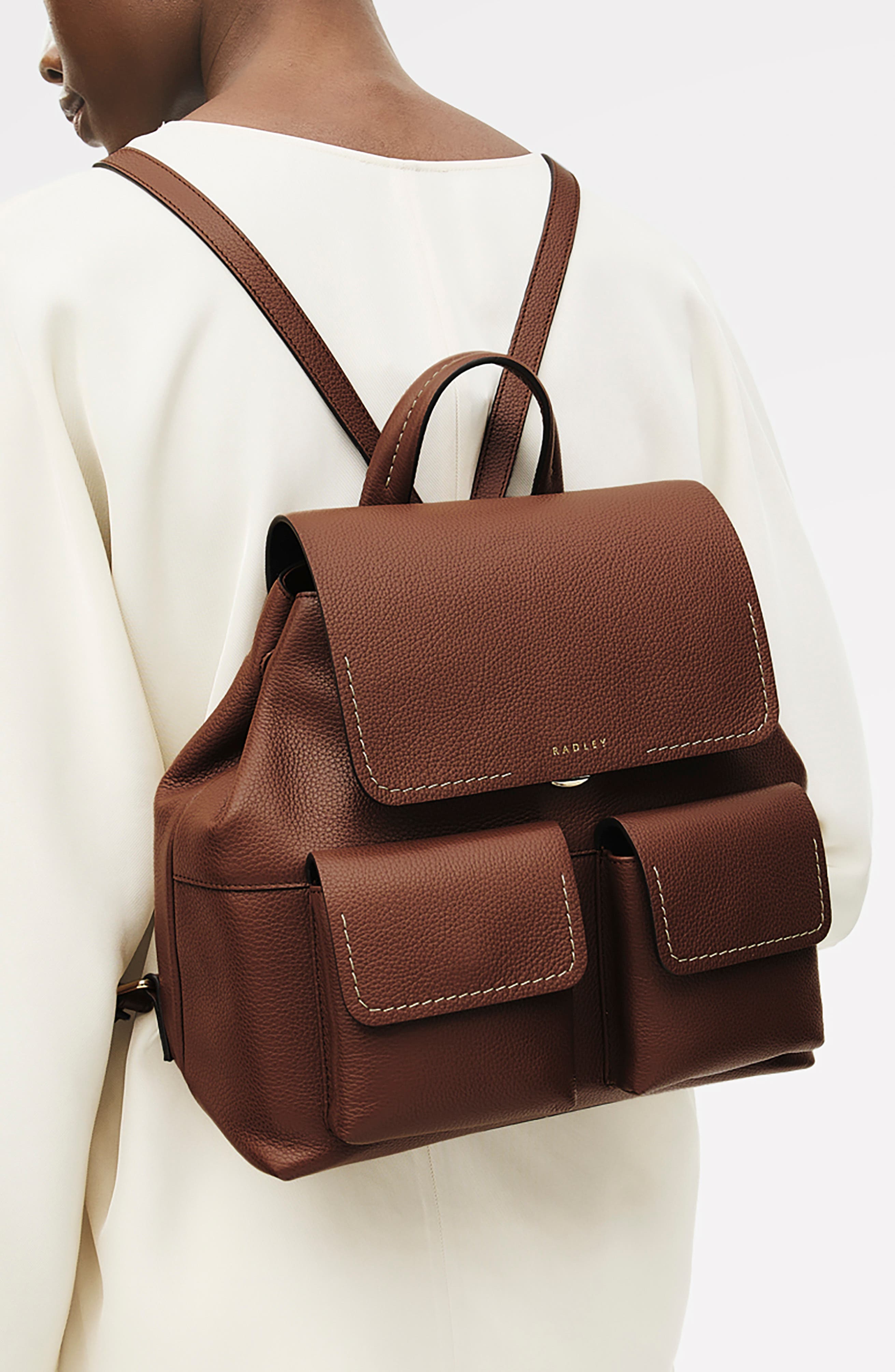 Burton Way Medium Flapover Leather Backpack, Alternate, color, COGNAC