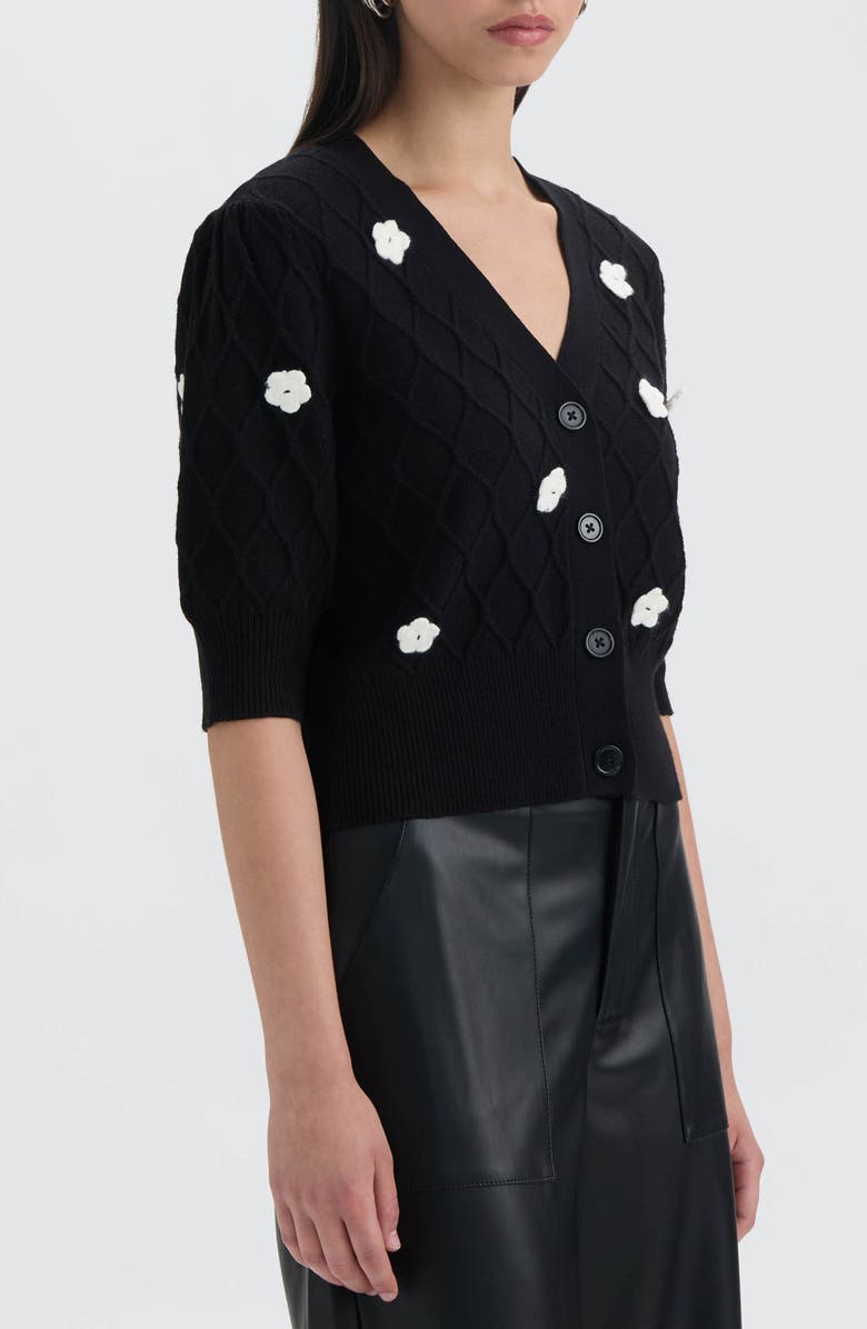 NVLT Flower Cable Stitch Short Sleeve Cardigan, Alternate, color, Black