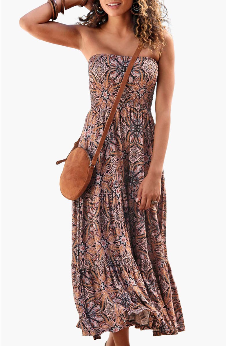 LASCANA Women's Smocked Convertible Maxi Dress, Main, color, Brown Multi