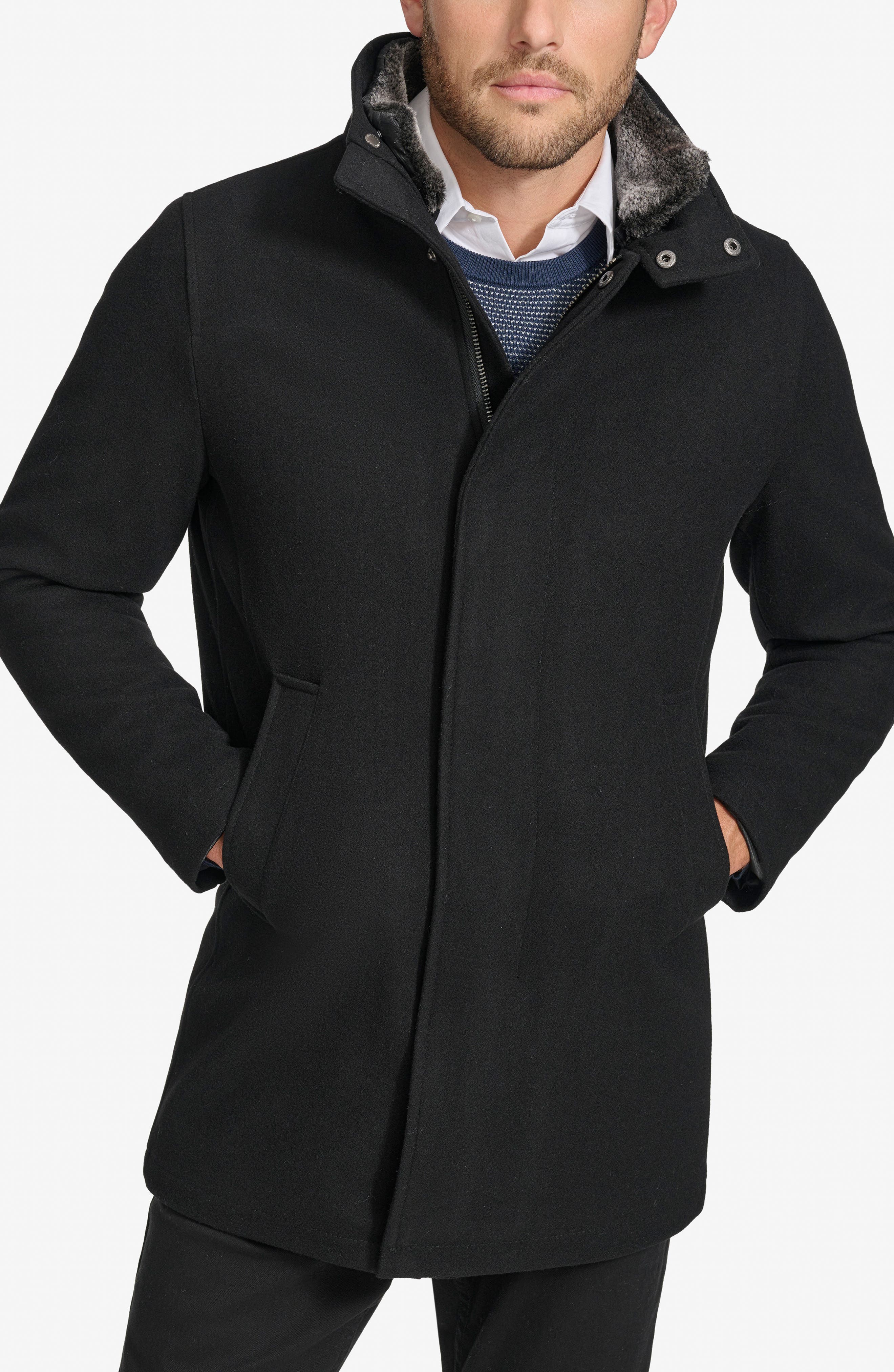 Calvin Klein Walking Wool Blend Coat with Faux Fur Trim