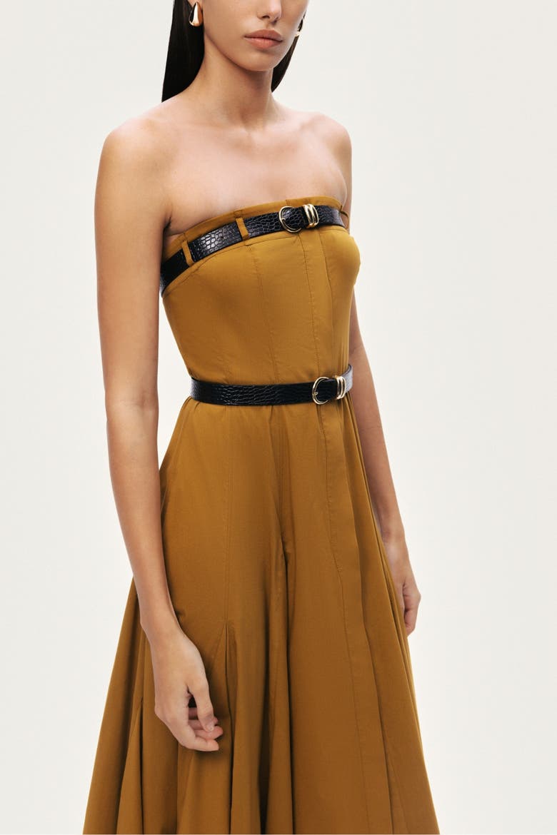 Strapless Double Belted Midi Dress, Alternate, color, Camel