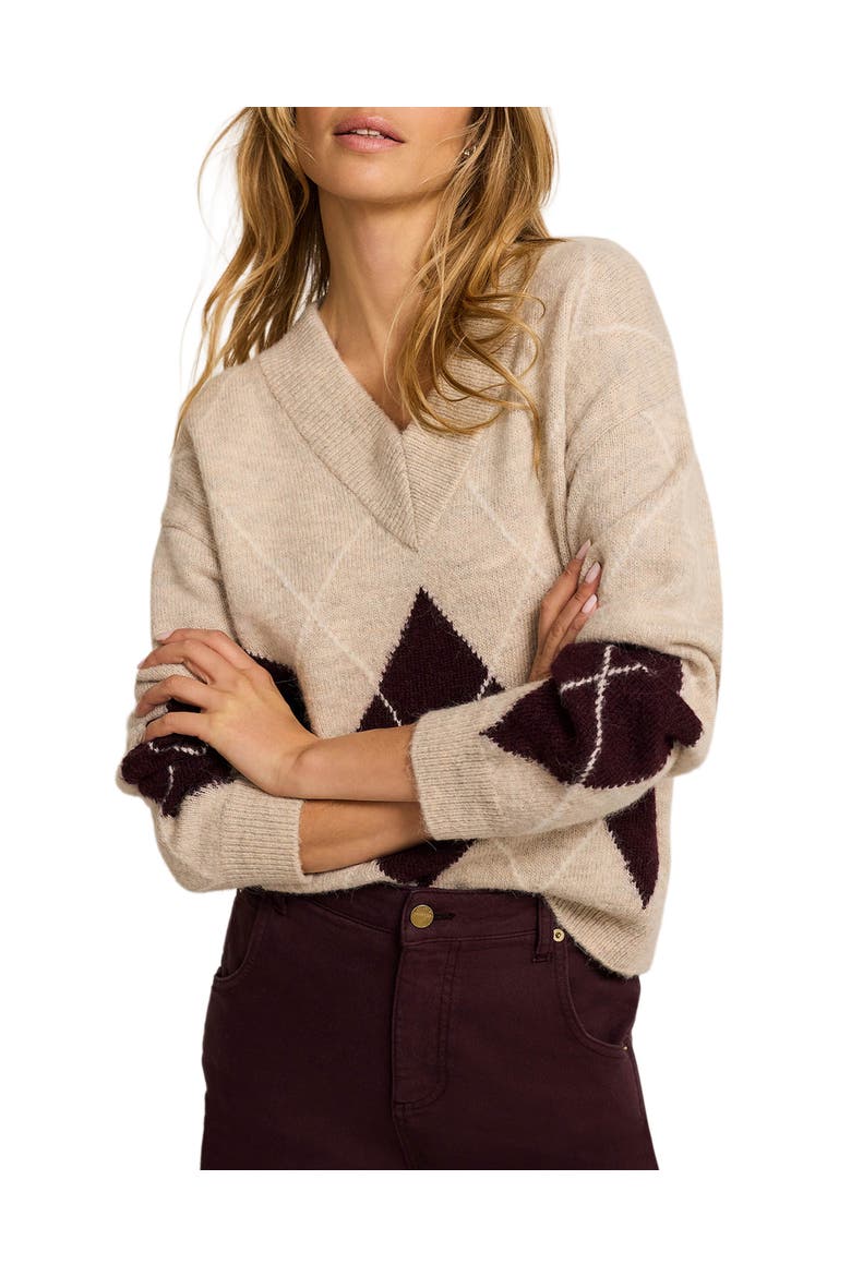 Argyle Knit Jumper Pullover Sweater with Long Sleeve and V-Neck, Main, color, Neutral