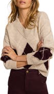 MINT VELVET Argyle Knit Jumper Pullover Sweater with Long Sleeve and V-Neck