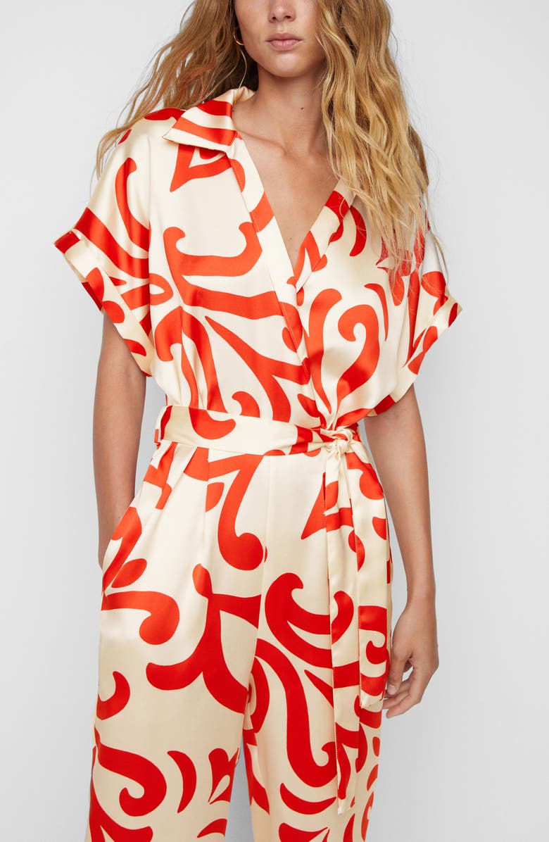 MANGO Printed Tie Belt Satin Jumpsuit, Alternate, color,