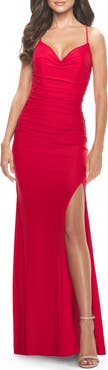 La Femme Ruched Jersey Dress with Lace Up Back