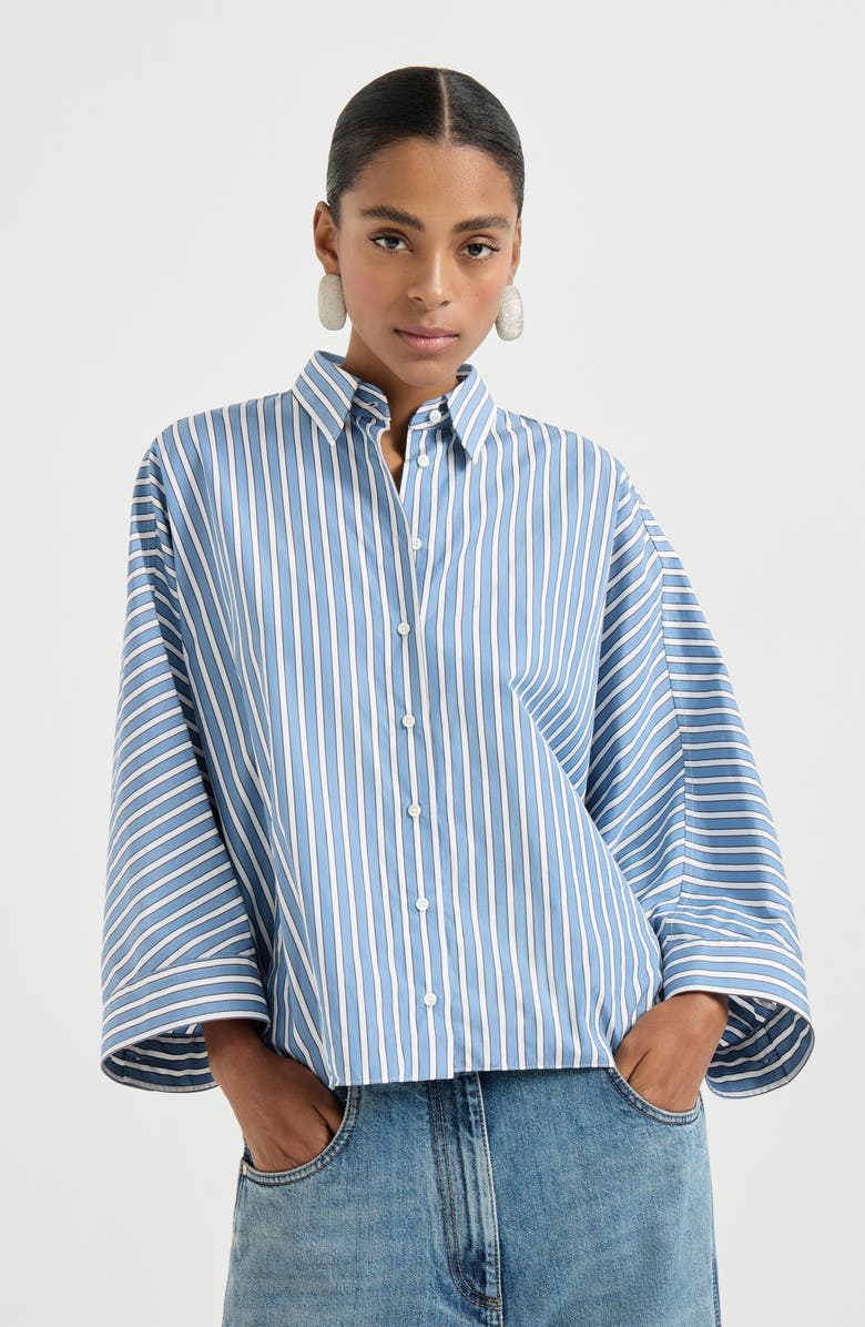 Brunello Cucinelli Striped poplin shirt, Main, color, Azure