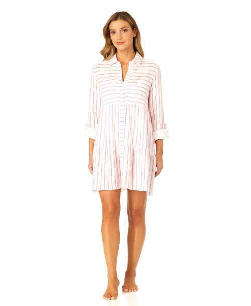 Anne Cole Button Front Long Sleeve Tiered Dress Cover Up In Pink Cosmos Stripe