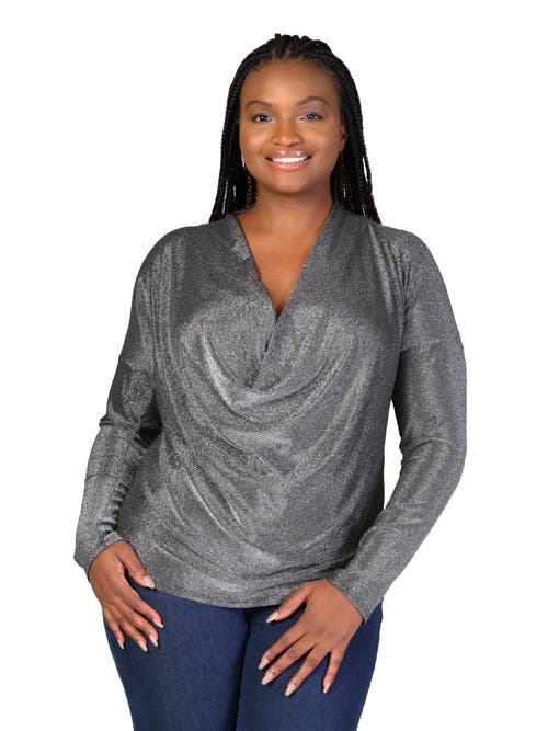 24seven Comfort Apparel Cowl Neck Long Sleeve Shimmery Fabric Top In Gray