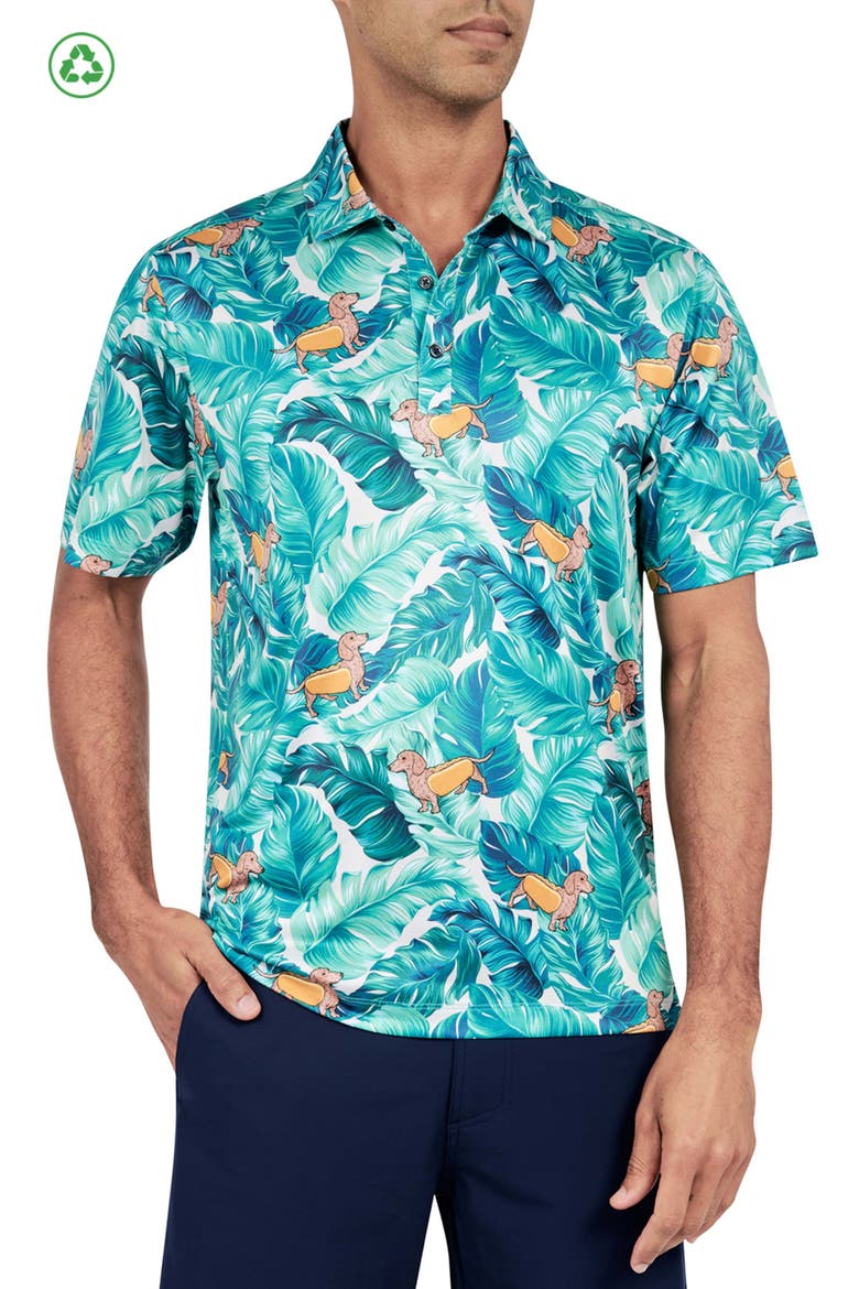 Regular Fit Hotdog Dog Print Recycled Performance Golf Polo, Main, color, GREEN