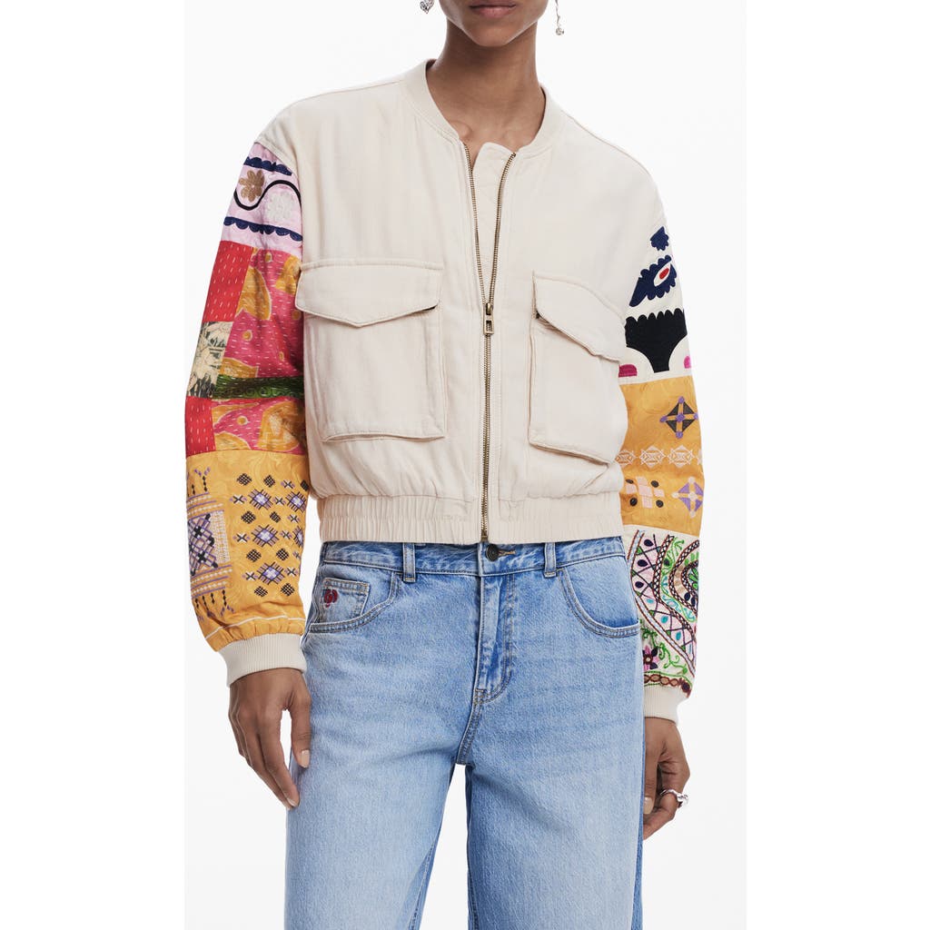 Desigual Patchwork-sleeve Bomber Jacket In Beige