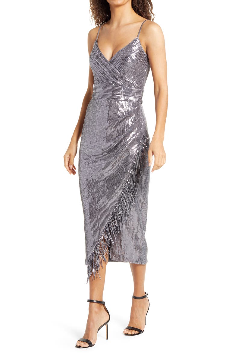 Azariah Sequin Fringe Faux Wrap Dress, Main, color, METALLIC SILVER