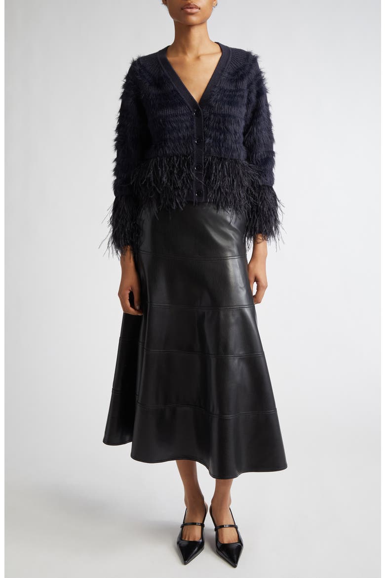 Vida Faux Feather Trim Wool Blend Cardigan, Alternate, color, NAVY